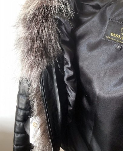 kožená bunda s pravou kožešinou (liška) - Velikost: L, Barva: černá-002