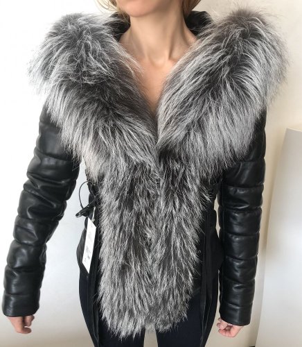 leather jacket natural fox fur hood - Size: L, Color: black-002