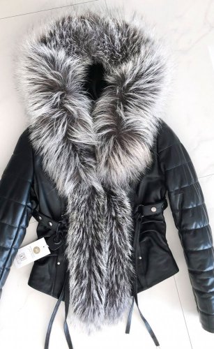 leather jacket natural fox fur hood - Size: L, Color: black-002