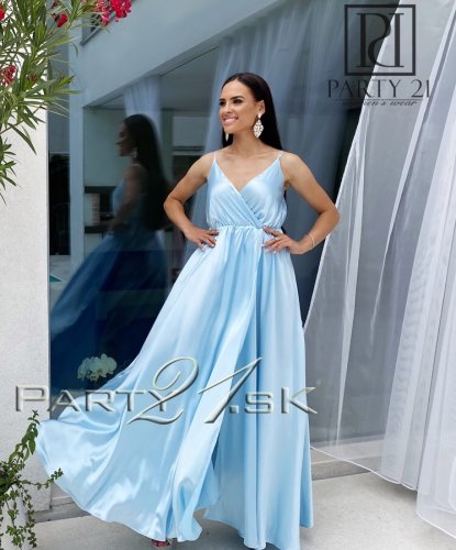 Dlhé šaty s rozparkom SATÉN - Veľkosť: S, Farba: Modrá-007