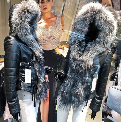 leather jacket natural fox fur hood - Size: L, Color: black-002