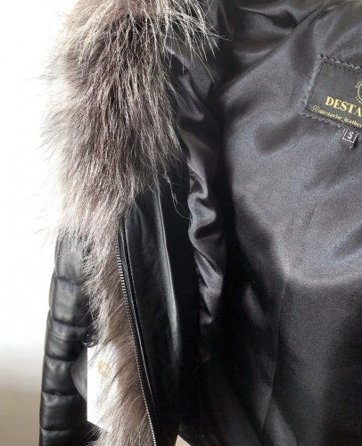 leather jacket natural fox fur hood - Size: L, Color: black-002