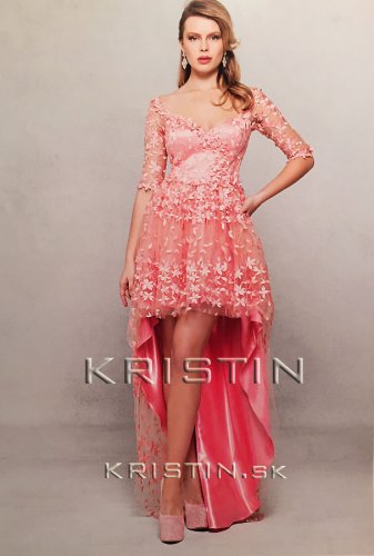 krátko-dlhé šaty s 3D kvietkami, Exclusive rada - Size: S, Color: powder pink-018