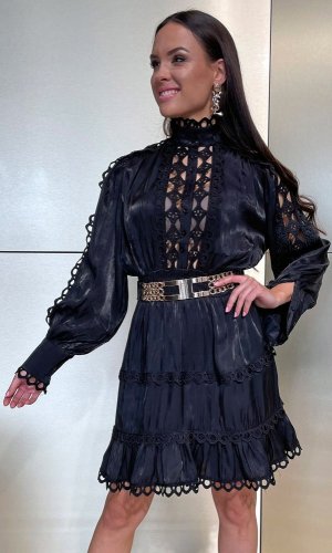 krátke šaty s dlhým rukávom - Veľkosť: M, Farba: Čierna-002