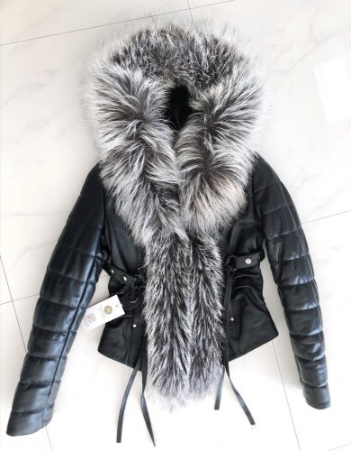 leather jacket natural fox fur hood - Size: L, Color: black-002