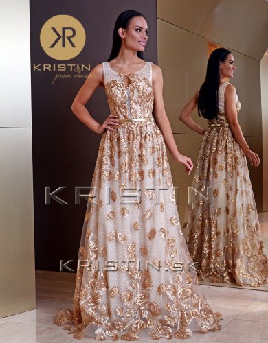 dlhé šaty exclusive,  kvety flitre - Veľkosť: XL, Farba: zlatá-038