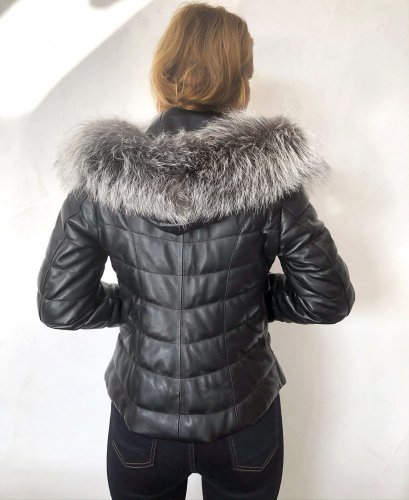 kožená bunda s natur kožušinou (líška) - Veľkosť: M, Farba: Čierna-002